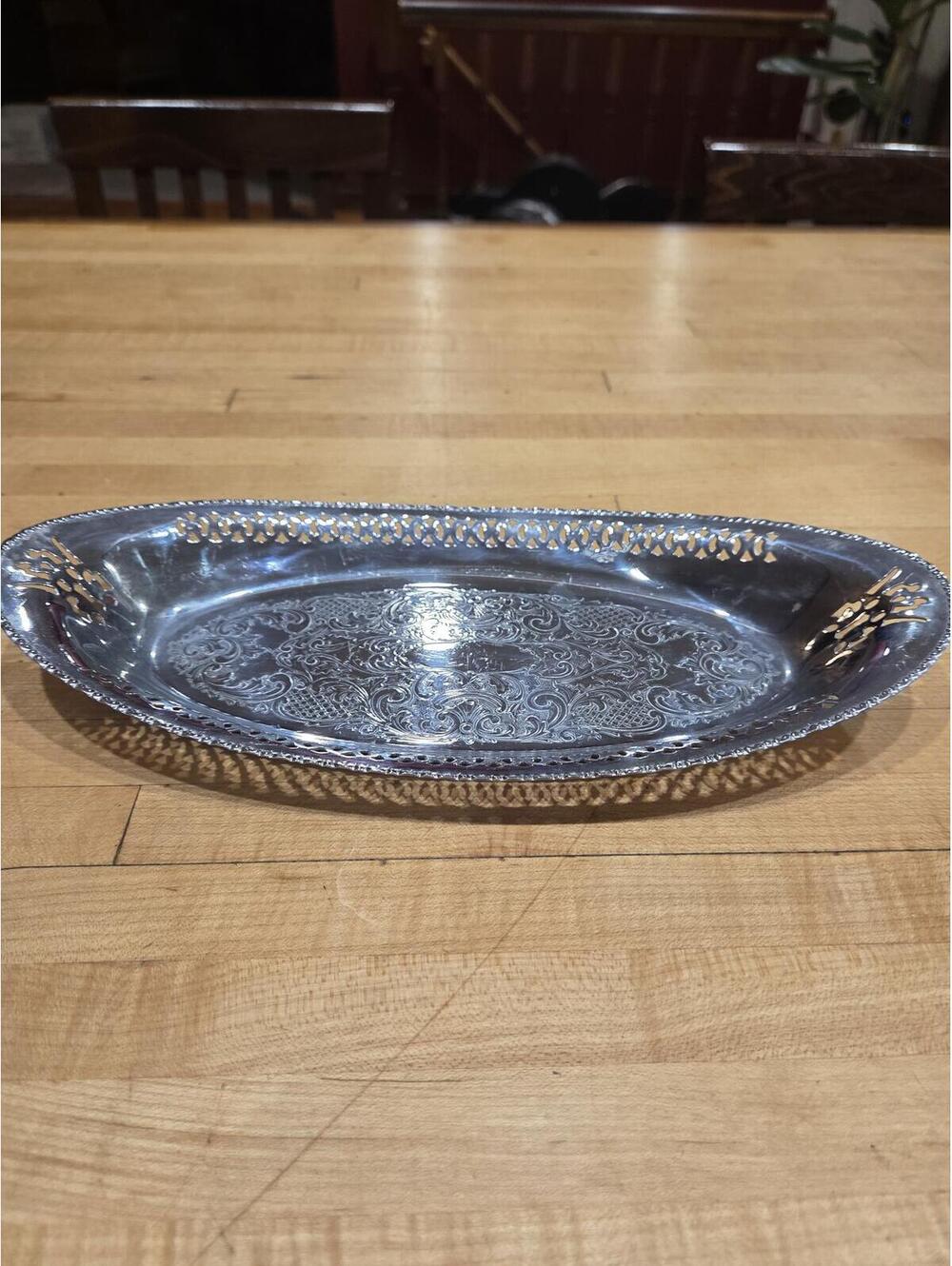 Vintage Farber Bros Krome Kraft Oval Chrome Serving Tray Pierced Art Deco NY
